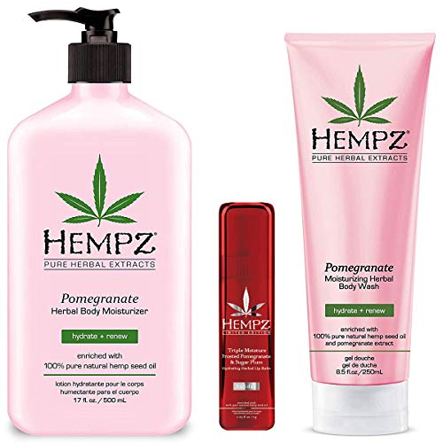 Hempz Pomegranate Herbal Body Moisturizer lotion, Wash & Limited Edition Lip Balm Trio Set