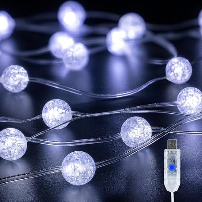Upgrade Globe String Lights,10FT 30 LED USB Fairy Lights,8 Modes Crystal Crackle Ball Lights,Waterproof Decorative Christmas Lights for Indoor,Outdoor,Bedroom,Classroom,Wedding,Party,White