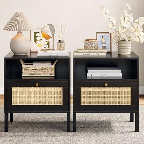 Angel Sar Rattan Night Stand Set 2, Boho Black Nightstands Set of 2, Bedside Table, End Table with Open Storage Space & Metal Legs, Bedroom Night Stand Wood Nightstand Cover