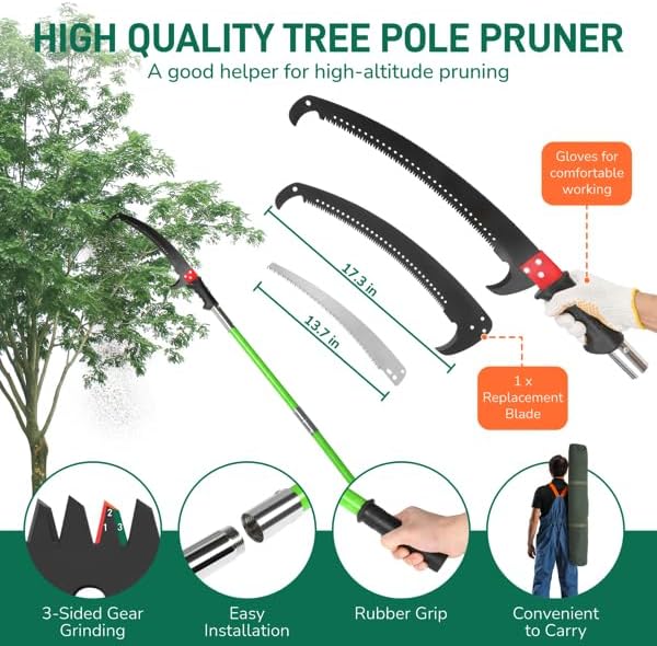 26ft Extendable Manual Pole Saw Set for Tree Pruning, Adjustable Fiberglass Handle Yard Trimmer with Alloy Steel Blade, Rope Pull Cutter System, Includes Gloves and Bag for Tall Branches and Shrubs