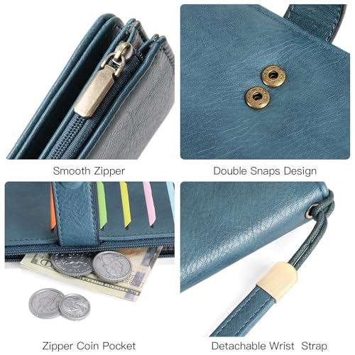 Image of GOIACII Womens Wallets Large Capacity Credit Card Holder RFID Blocking Leather Wallet Wristlet Ladies Clutch Purse Blue