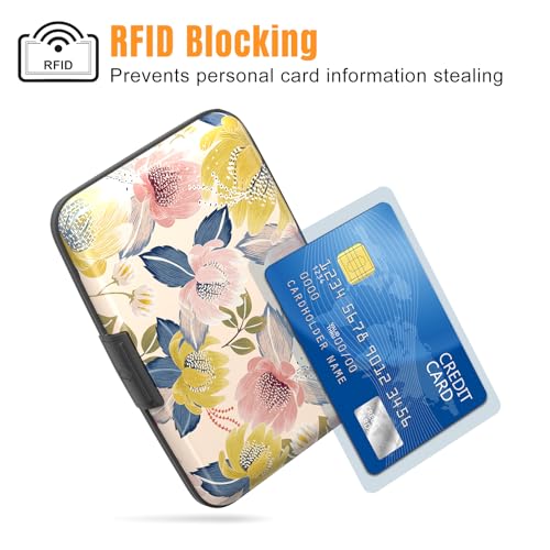 Image of Rimilak Aluminuml Credit Card Holder, Mini Credit Card Wallet RFID Blocking Slim Metal Hard Case for Women Men, Colorful Flower