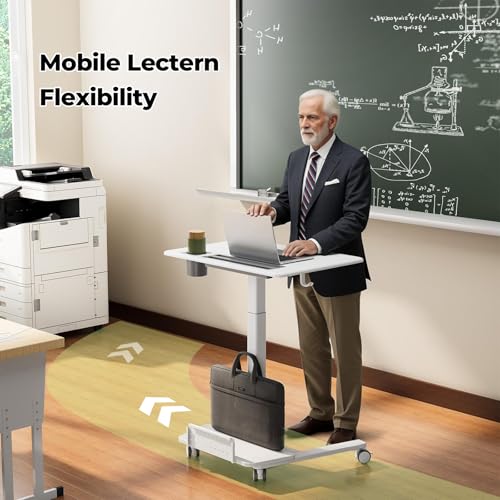 Image of 28 inch Mobile Standing Desk with Storage, Rolling Laptop Cart on Wheels, Portable Sit Stand Workstation with Shelf & Cup Holder for Classroom, Home Office, White