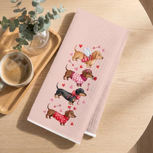 Image of Hanamiya Na Cute Dachshund Kitchen Towels 24x14 Inch, Dachshund Gifts Reusable Dish Towels for Kitchen Bathroom Decor, Waffle Weave Absorbent Tea Towel, Cute Weiner Dog Gifts for Women Mom Friend