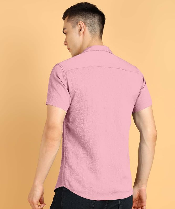 Image of COMBRAIDED Men's Solid Cotton Blend Half Sleeve Shirt - Regular Fit Casual Button-Down Shirt for Office & Travel - Summer & Spring