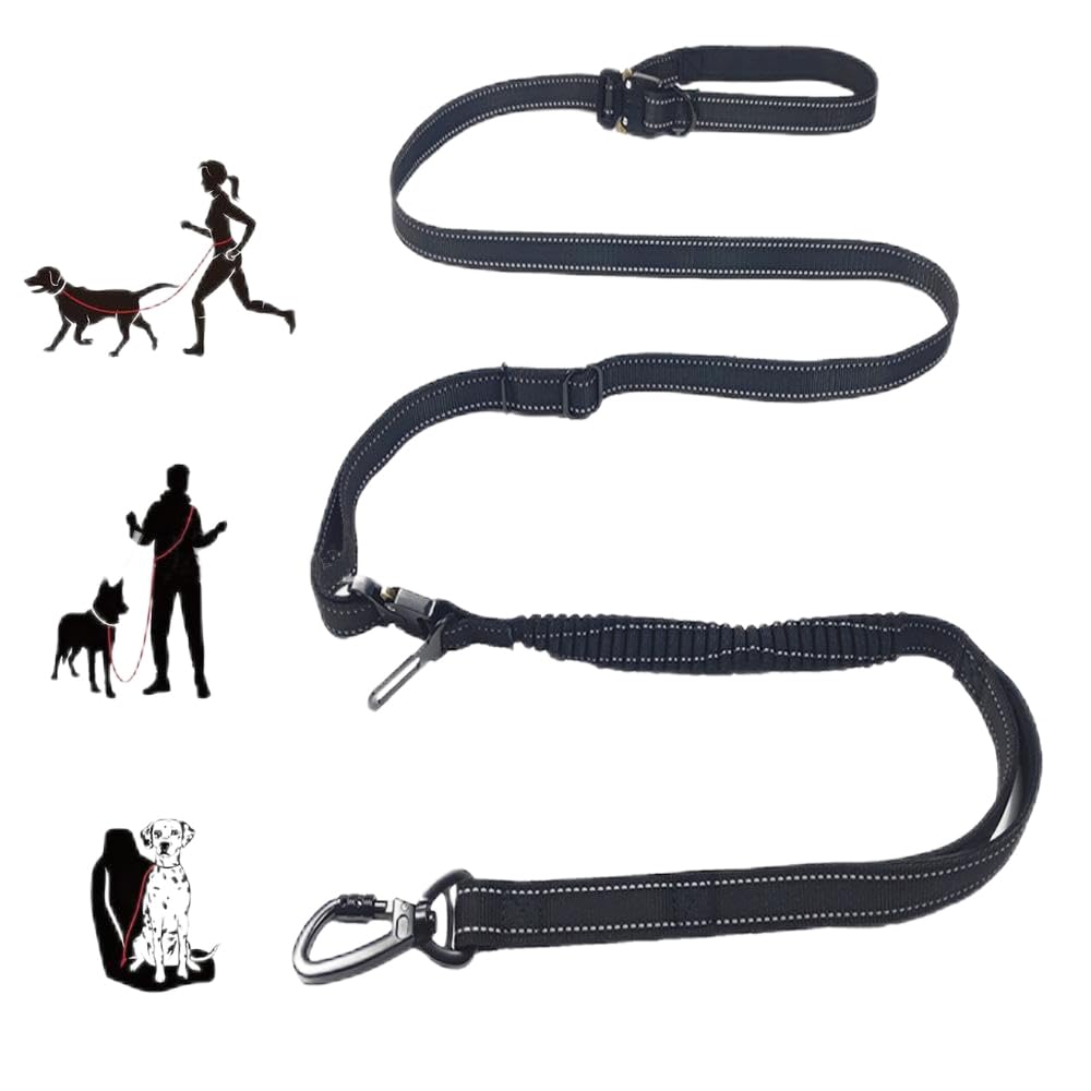 AOTECC Hands Free Dog Leash, Shock Absorbing Bungee Leash with Car Safety Buckle for Walking Running Training, Padded Dual Handle and Reflective Strip, 6.3-8.5Ft MAX extented to 9.7FT (Black)