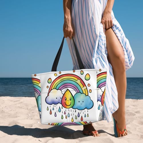 Large Capacity Beach Bag Waterproof Pool Tote for Gym Swimming Camping Carry On Bag Rainbow Cloud Raindrop Print3