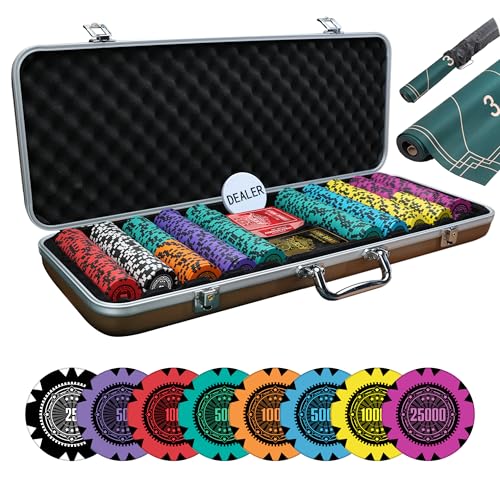 Image of Casinokart Poker Chipset with 2 Decks of Playing Cards & Dealer Button | Premium Casino-Style Poker Set with Carrying Case for, Blackjack & Game Nights (Nashville, 500)