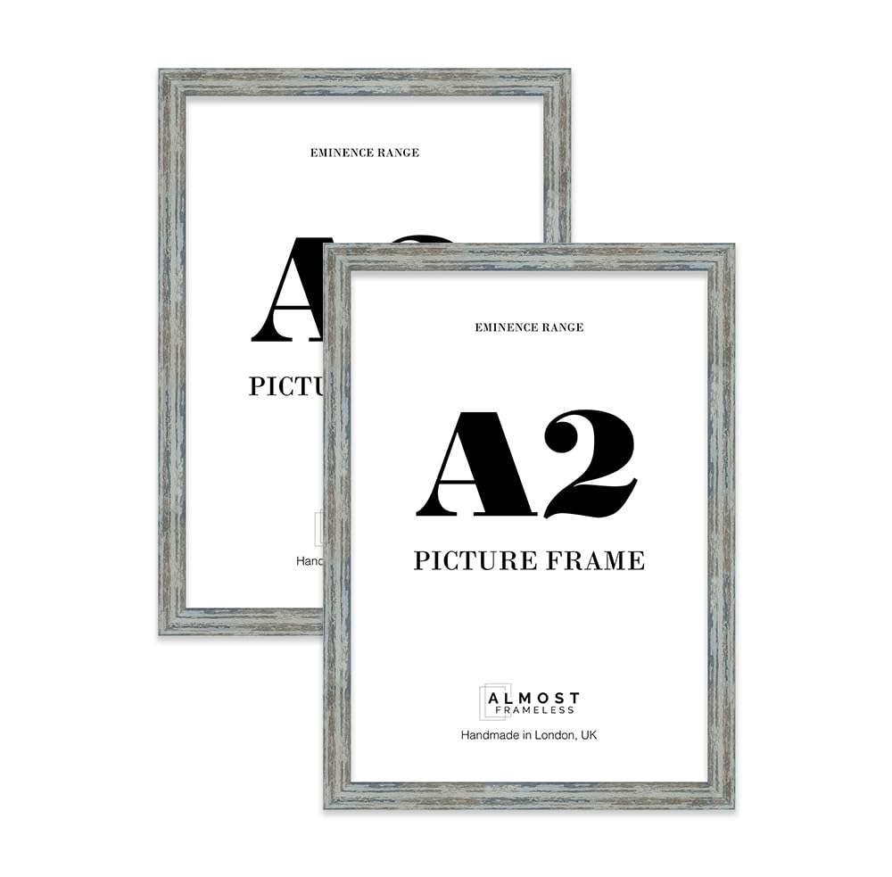A2 Distressed Blue Picture Frame - Rustic Wood Industrial Effect Photo Frame for Wall Display, Ideal for Posters, Prints & Home Décor, Wall Hooks, 32mm Edge - 2 Pack