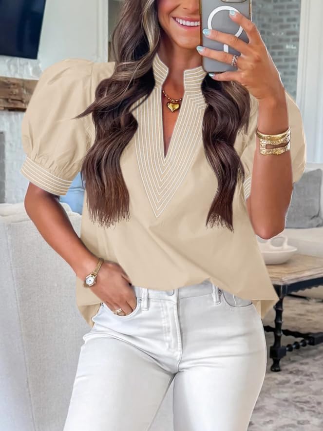 Cicy Bell Womens Puff Short Sleeve Blouses Summer Casual Dressy V Neck Contrast Stitch Tops Loose Fit Shirts - Image 5