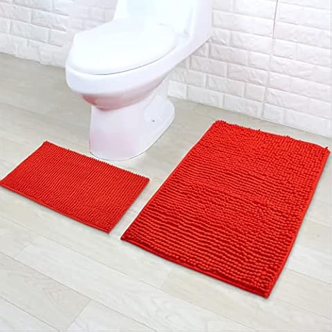 Eanpet Chenille Bath Mat Non-Slip Microfiber Floor Mat Baby Bath Mat for Kids Ultra Soft Washable Bathroom Dry Fast Water Absorbent Shower Mat Area Rugs (19.6" x 31.5" and 15.7" x 23.6", Red) Cover