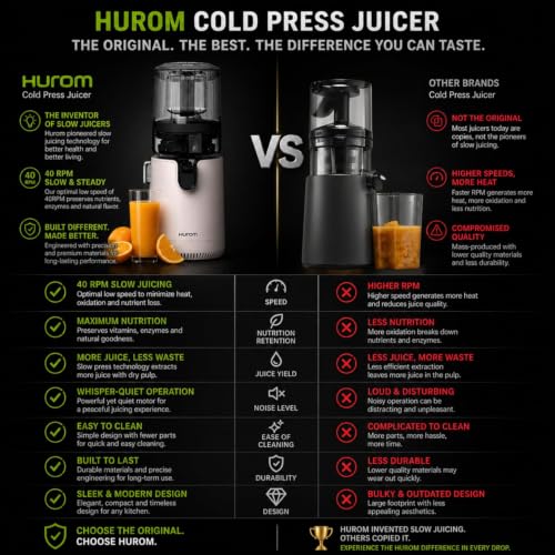 Image of Hurom E50ST Cold Press Juicer for Home, Premium Slow Juicer with Sorbet Strainer, All-in-1 Juicer for Fruits, Vegetables, Nut Milk & Ice cream, World's No. 1 Slow Juicer Brand since 1974 (White)
