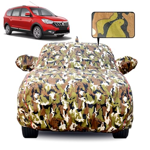 Image of Waterproof Car Body Cover for Renault Lodgy with Mirror Pocket, Soft Cotton Lining, Triple Stitched, Full Bottom Elastic (Heat Resistant Jungle Print with Red Piping)