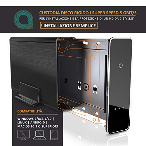 CSL - Case per Hard Disk 3.5 Pollici Esterno USB 3.0 - Custodia in Alluminio- per SSD e HDD - SATA - UASP - Super Speed 5 Gbit s - Plug e Play - Hot-Plug - con Alimentatore Incluso - Nero anodizzato