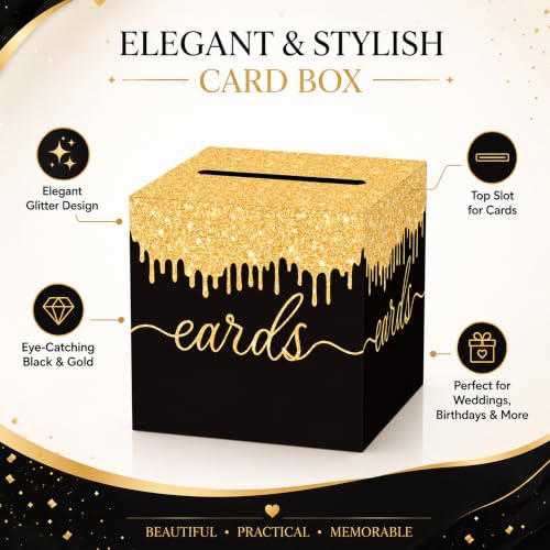 Image of Black and Gold Wedding Card Box with Slot for Reception and Bridal Shower
