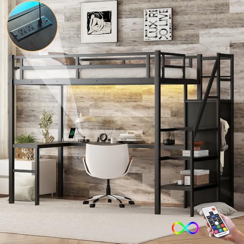 lafengyan Metal Loft Bed with Built-in Wardrobe, L-Shaped Desk, USB Charging Port, LED Lighting, and Adjustable Staircase for Efficient Space Use (Black + Metal + Twin XL)