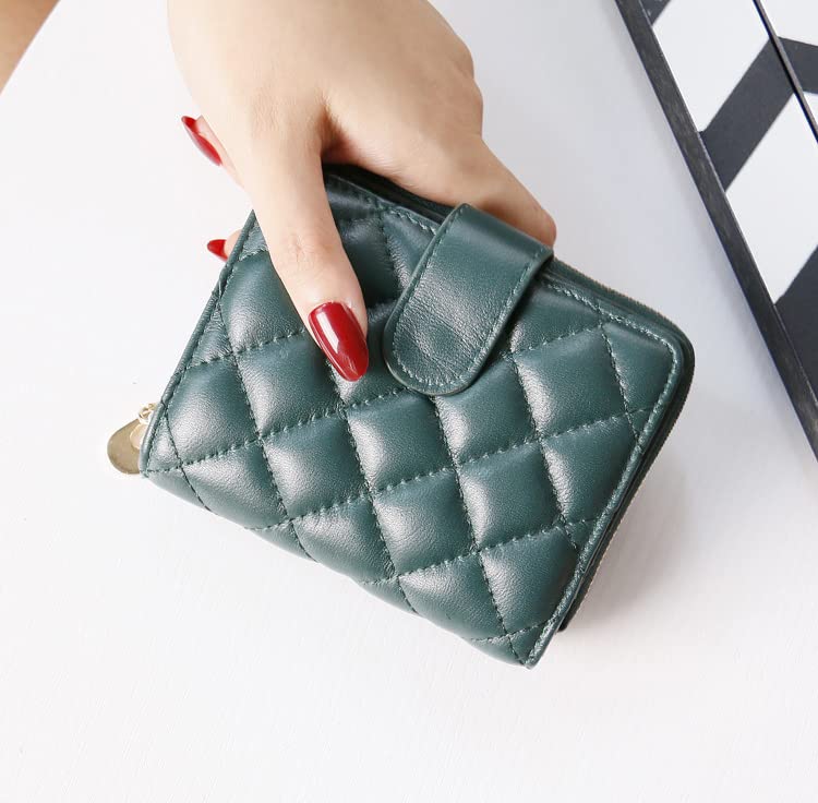 KKRAUS Small Quilted Slim Wallet for Women Leather Coin Purse Credit Card Holder with RFID Blocking ID Card Window (Green)3