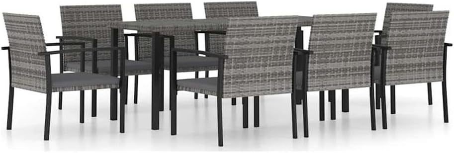 BOWERY HILL 9-Piece Outdoor Patio Dining Set, Gray Poly Rattan with Powder-Coated Steel Frame, Glass Top, Weather-Resistant Cushions, Seating for 9, Large Durable Garden Furniture for Backyard or