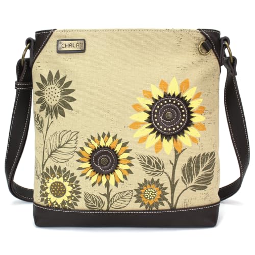 Image of CHALA Canvas Crossbody Women Mid-Size Crossbody Shoulder Purse with Adjustable Strap - Sunflower - sand