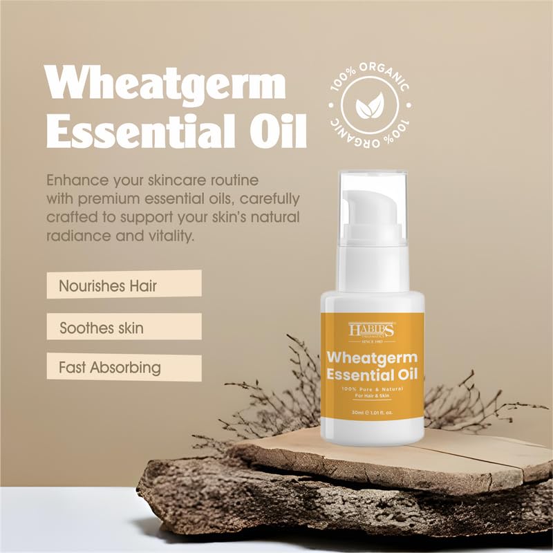 Image of Habibs Orgamatic Pure Wheatgerm Carrier Oil - 100% Natural, Cold-Pressed for Anti-Aging Skin & Hair Nourishment 30ML