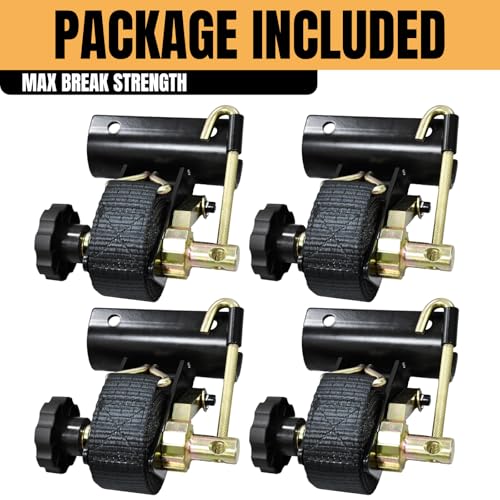 Image of Ladder Rack Ratchet Straps - 2 inch Black Round Tube Mount - (4 Pack) Heavy Duty 500lbs Load Capacity, 1.5 inchW x 7.5'L Locking Strap with Double J-Hooks for UTV,ATV,Truck,Cargo Van,Security Tie Down Straps