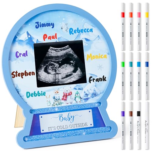 B1ykin Baby Shower Guest Book Frame - Baby Shower Sonogram Wooden Frame with 12 Markers, Signature Ultrasound Picture Frame Pregnancy Gift for Gender Reveal Keepsake (Arctic Animal)