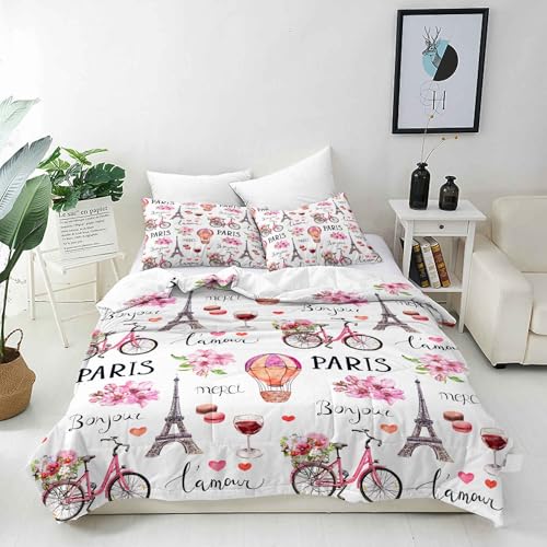 ANHOPE Parure de Lit 200x200 cm avec 2 Taies d'oreiller 65x65 cm Housse de Couette Paris Tour Eiffel Vélo Microfibre Literie avec Fermeture Éclair Toutes...