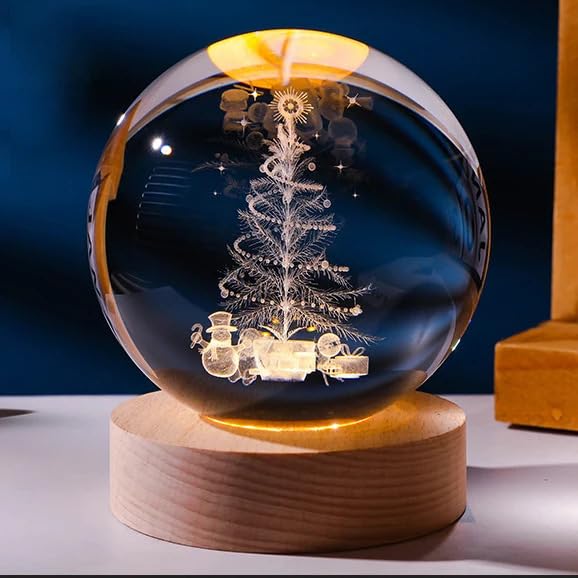 Bola de nieve 3D con base de madera, bola de cristal LED, luz nocturna, USB grabada con láser, bola de cristal de Navidad, decoración para el hogar (árbol de Navidad)