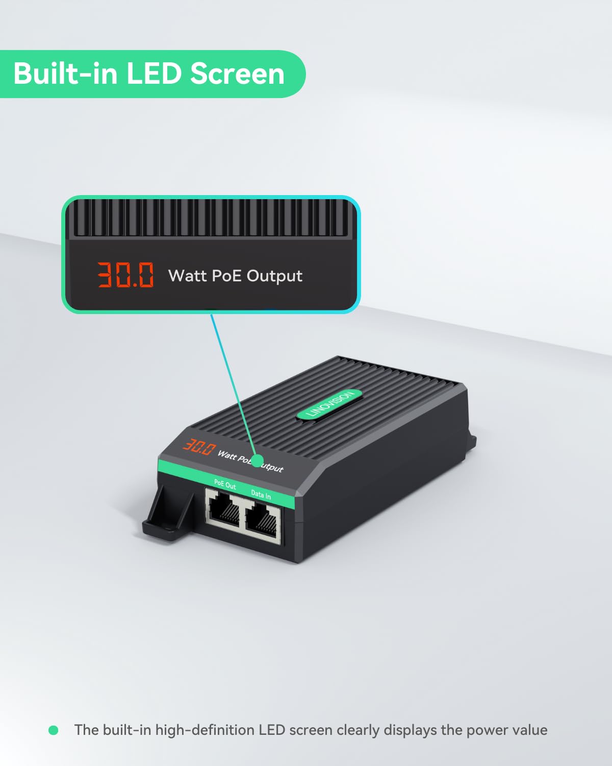 LINOVISION ギガビット 30W PoE+ インジェクター、IEEE 802.3af/at対応、PoE IPカメラ/アクセスポイント/VoIPフォンなどに応用可能、リアルタイム表示用パネルを搭載、3年保証 - 4