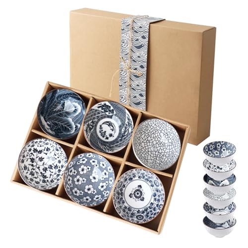 10 Oz Japanese Style Ceramic Rice & Sushi Bowls Set,Set of 6 Porcelain Snack Bowls for Kitchen, Dining and Unique Gifts,Microwave & Dishwasher-Safe(Blue&White)