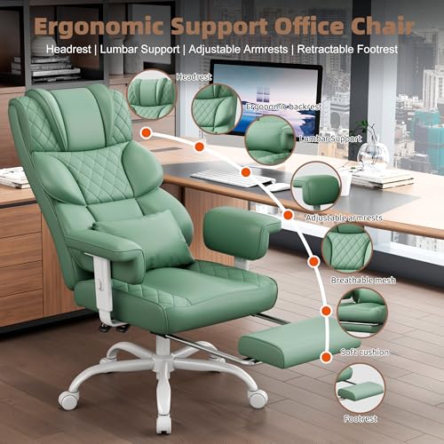 Image of Vonesse Big and Tall Office Chair, Desk Chair with Soft Adjustable Armrests, Ergonomic High Back Gaming Chair with Lumbar Support, Executive Computer Chairs with Footrest (PU Leather, Green)
