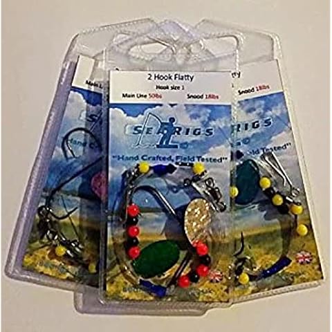 searigs Flatfish Rigs x3 with 2 x Size #4 Hooks 50lb Asso Body 18lb Asso Snood with Lumi Green and Black 5mm Attractors with Spinner blade Cover