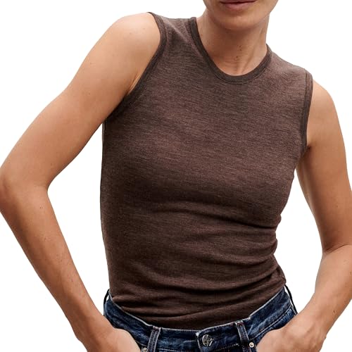 Dilling Damen Tanktop aus 100% Bio-Merinowolle – Glattstrick, Mulesingfrei & Temperaturausgleichend – Elegantes Unterhemd mit Hohem Ausschnitt - Haselnussbraun 40
