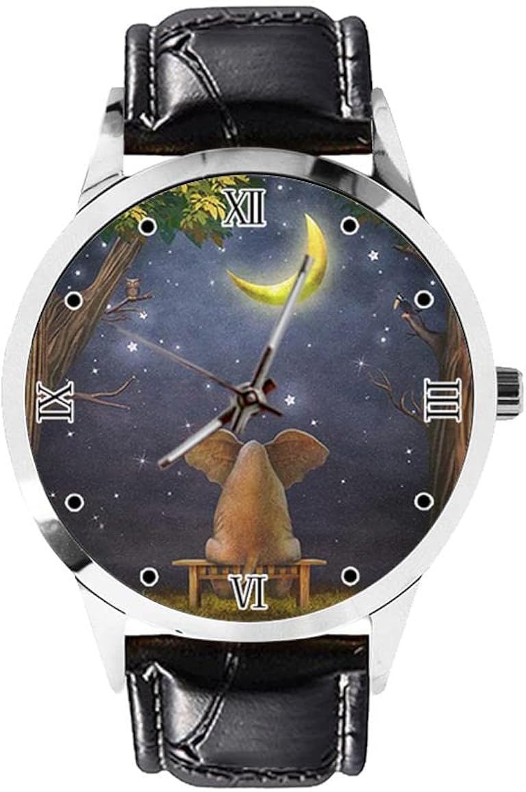 Lindo elefante luna bosque patrón simple hombres mujeres relojes casual japonés cuarzo relojes clásico negocio negro cuero reloj, negro