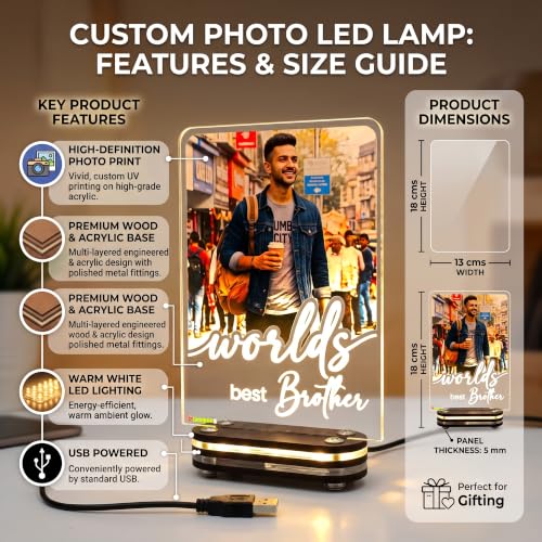 Image of lampees Personalised 3D Worlds Best Brother Custom Photo LED Lamp, 18x13 cm | HD UV Photo Print, Warm White LED, USB Powered, Wood & Acrylic Base, 4mm Acrylic Panel
