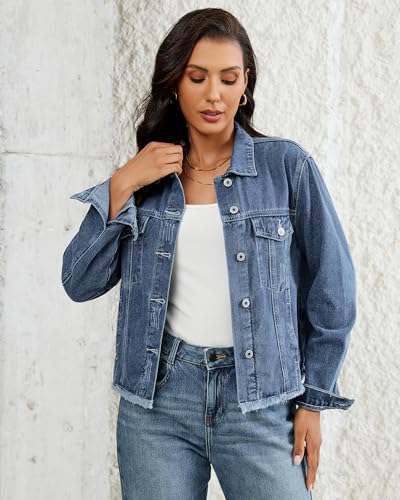 Vetinee Jean Jacket Women Trendy Button Down Long Sleeves Casual Distressed Frayed Hem Trucker Denim Jackets with Pocket4