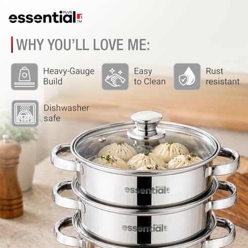 Image of Essential Plus Stainless Steel 3 Tier Steamer with Glass Lid (20cm), 3L Base Pot, Multi-Purpose Steamer for Momos, Modak, Vegetables and More, Compact Design - Induction and Gas Stove Ready