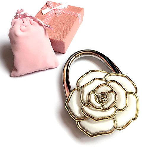 Elesa Miracle Purse Hook6 Choices Foldable Handbag Hanger, Folding Table Hanger, with Velvet Pouch in Gift Box (White Flower)