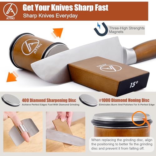 Atiki 2025 Professional Rolling Knife Sharpener Kit – Premium Diamond & Ceramic Discs, Adjustable 15°/20° Degree Magnetic Angles, Leather Strop & Finger Guard for Effortless Kitchen Knife Sharpening