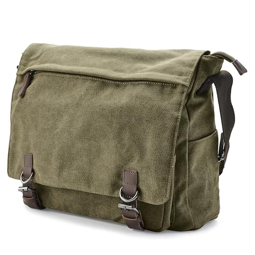 Trendhim Messenger Bag Herren | Canvas Umhängetasche mit Lederdetails & Laptopfach | Schultertasche für Alltag Arbeit Büro & Freizeit 15 Zoll | Khaki
