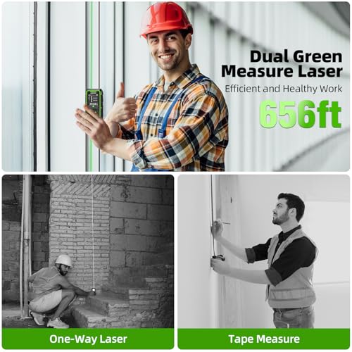 Image of Huepar Dual Laser Measuring Tool, 656Ft Green-Beam Bilateral Digital Laser Distance Measure 6 Units Ft /in /M, Rechargeable Laser Measurement Tool -Backlit LCD Display, Length /Area /Volume /Angle Sensor