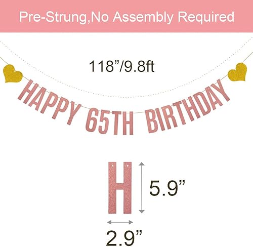 Miniatura 2 de Cartel de feliz cumpleaños 65, pre-encordado, guirnaldas de papel con purpurina de oro rosa para mujeres de 65 años, decoraciones de fiesta de