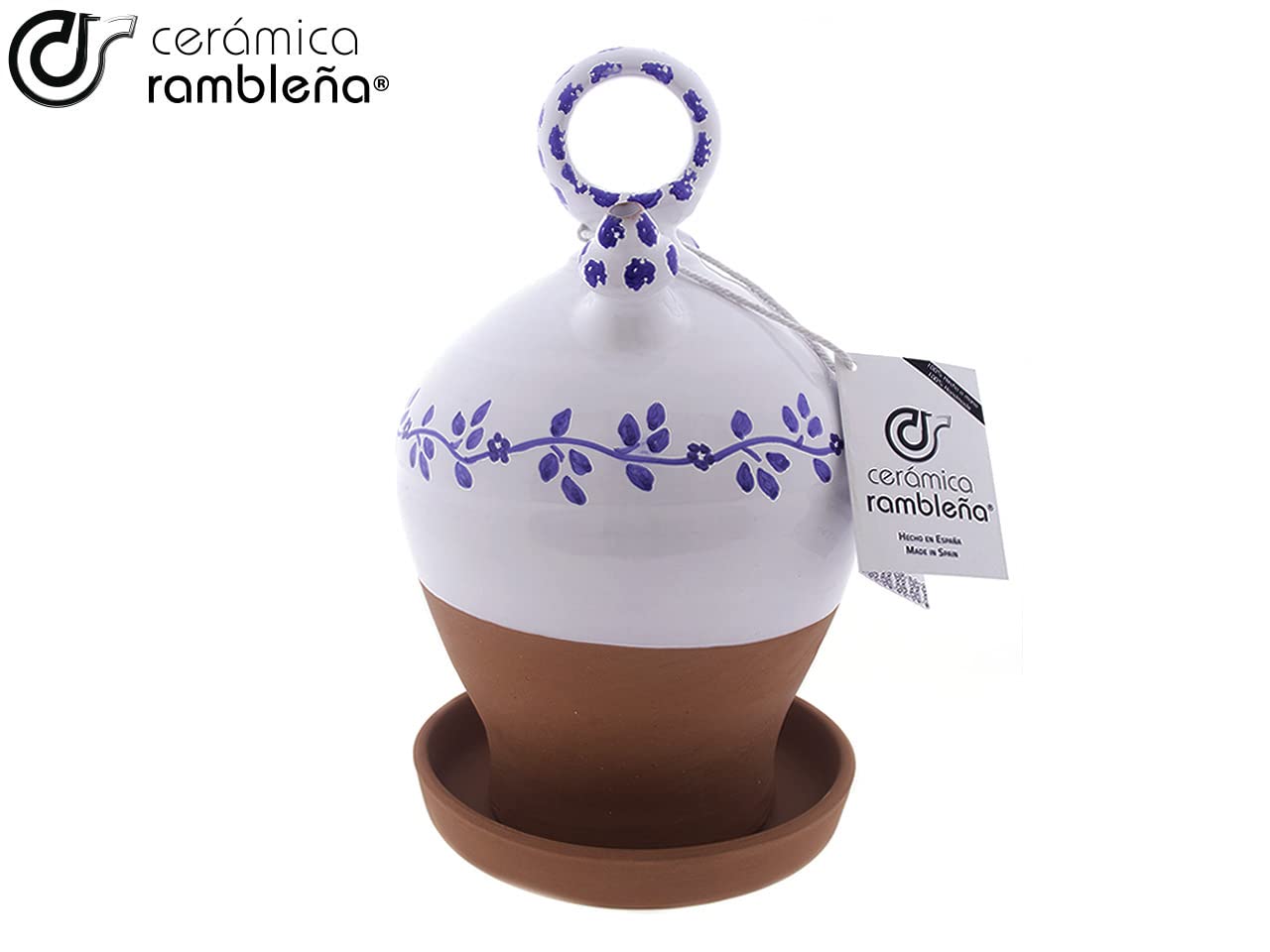 CERÁMICA RAMBLEÑA | Botijo de Barro Rojo | Botijo Decorado asa Redonda Base Vuelta Cenefa Azul - Modelo D06 de La Rambla (Córdoba) | 100% Hecho a Mano | 3.5 litros | Eco | Plato Incluido