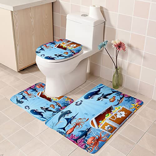 Badezimmer Teppich Set Weich Waschbar Badezimmerteppich 3 TLG rutschfeste Badeteppich WC Vorleger Deckelbezug U-förmige Konturmatte Memory Schaum Badezimmermatte ( Ozean Edelsteintier )