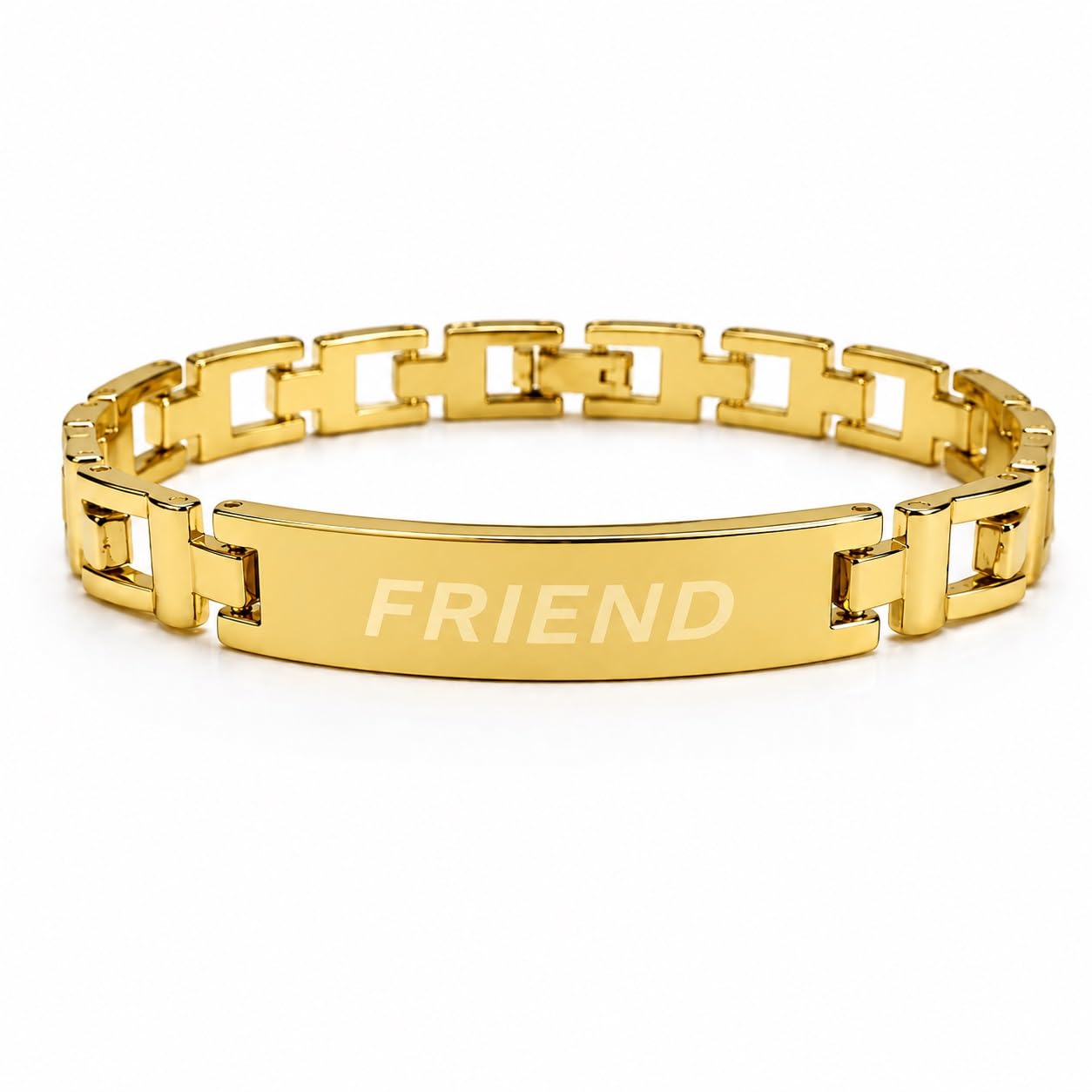 Trending Golden Plated Stainless Steel Friend Engraved ID Plate Metal Anti-Tarnish Chain Design Bracelet For Boys & Girls-image-33
