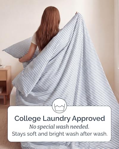 Image of Duvet Cover Queen Size Set - Extra Soft Queen Duvet Cover 90 inch x 90 inch with 2 Pillow Shams for Women, Men, Kids & Teens - Hotel Luxury w / Zipper Closures & Ties - Comfy, Cozy & Breathable (Beige Stripes)