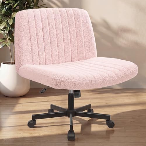 NEO CHAIR Criss Cross Chair with Wheels Home Office Cross Legged Armless Chairs Adjustable Computer Desk Wide Seat for Bedroom Vanity Comfy Swivel (Teddy Pink)