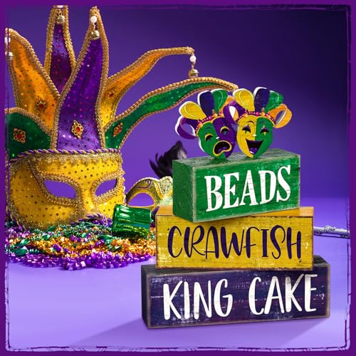 Image of Moucuny 4 Pcs Mardi Gras Table Decorations Wooden Mask Decor Purple Golden Green Carnival Tiered Tray Decor Mardi Gras Centerpieces Decorative Masks Block Signs Gift for Masquerade Party Home Kitchen