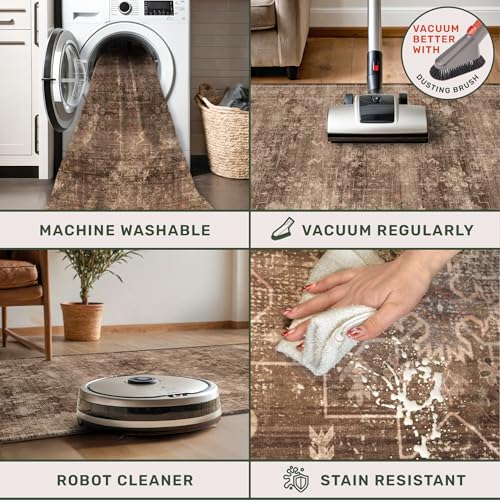 Image of Boho Taupe Brown 2x3 Entryway Rug - Modern Vintage Traditional Eclectic Oriental Neutral, Washable Low Pile Non-Slip Small Throw Area Rugs for Door Mat Indoor Entrance, Kitchen, Bathroom