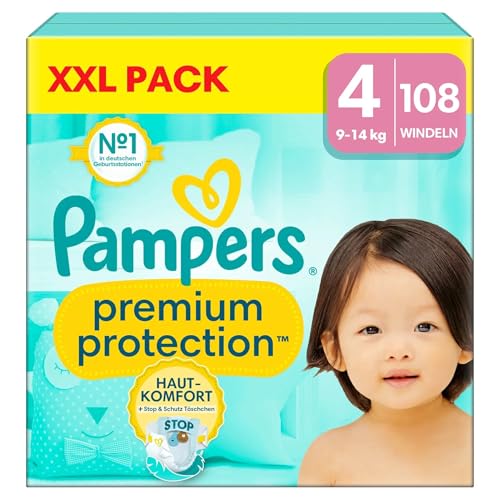 Pampers Premium Protection, tamaño 4, x108 capas, 9-14kg, doble protección para la piel y contra las fugas